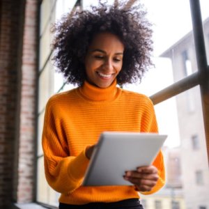 Frau im orangen Pullover